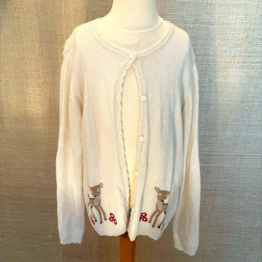 Girl’s Trotters White Cardigan Sweater with Deer Embroidery